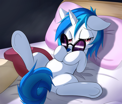 Size: 1684x1433 | Tagged: safe, artist:aymint, dj pon-3, vinyl scratch, pony, unicorn, g4, bed, bedroom eyes, belly, covering, female, looking at you, mare, on back, pixiv, solo, spread legs, tail covering, teasing, underhoof