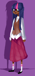 Size: 300x650 | Tagged: safe, artist:tearzah, twilight sparkle, human, g4, clothes, dark skin, female, humanized, long skirt, looking at you, purple background, shoes, simple background, skirt, socks, solo, sweater vest