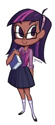 Size: 385x874 | Tagged: safe, artist:geneva hodgson, twilight sparkle, human, g4, book, clothes, dark skin, female, glasses, humanized, necktie, skirt, solo