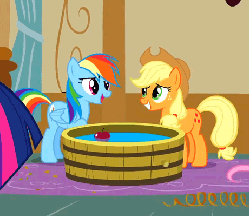 Size: 462x400 | Tagged: safe, screencap, applejack, rainbow dash, earth pony, pegasus, pony, g4, party of one, season 1, animated, apple, apple bobbing, bucket, female, food, gif, laughing, mare, nose in the air, open mouth, silly, silly pony, volumetric mouth, who's a silly pony