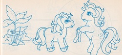 Size: 1100x493 | Tagged: safe, lemon drop, earth pony, pony, unicorn, g1, official, bow, coloring book, duo, female, hoof hold, horn, italian coloring book, mare, plant, prehistoric, tail, tail bow, unshorn fetlocks