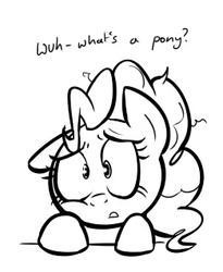 Size: 261x319 | Tagged: dead source, safe, artist:shoutingisfun, pinkie pie, earth pony, pony, g4, amnesia, dialogue, existential crisis, female, forgetful, lowres, messy mane, monochrome, simple background, solo, white background