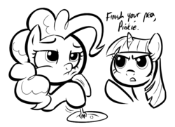 Size: 808x586 | Tagged: safe, artist:shoutingisfun, pinkie pie, twilight sparkle, g4, eat your buckin' peas professor!, food, herbivore, monochrome, pea, the powerpuff girls