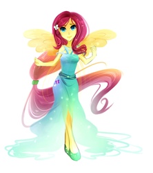 Size: 1427x1604 | Tagged: safe, artist:koveliana, fluttershy, equestria girls, g4, alternate clothes, clothes, dress, female, humanized, solo, winged humanization