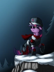 Size: 744x998 | Tagged: safe, artist:exelzior, twilight sparkle, g4, boots, clothes, coat, female, hat, hoof boots, scarf, snow, solo, ushanka, winter, winter outfit