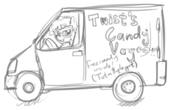 Size: 1522x973 | Tagged: safe, artist:smudge proof, twist, g4, candy, candy wagon, female, legit, monochrome, party wagon, rape van, seems legit, sketch, solo, stranger danger, strangers have the best candy, this will end in jail time, this will end in tears, van