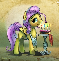 Size: 1920x1980 | Tagged: safe, artist:ruffu, fluttershy, pony, g4, apron, baking, birthday cake, cake, candle, clothes, female, food, hairnet, solo, table