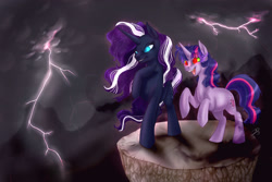 Size: 2592x1728 | Tagged: safe, artist:tzelly-el, nightmare rarity, twilight sparkle, pony, unicorn, g4, corrupted, corrupted twilight sparkle, duo, evil, lightning, nightmare, rearing, sombra eyes