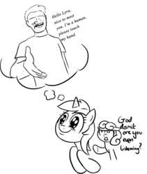 Size: 929x1103 | Tagged: safe, artist:shoutingisfun, bon bon, lyra heartstrings, sweetie drops, earth pony, human, unicorn, g4, bon bon is not amused, hand, hand fetish, human fetish, humie, monochrome, oblivious, shiny eyes, that pony sure does love hands, that pony sure does love humans, thought bubble