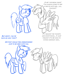 Size: 1276x1559 | Tagged: safe, artist:shoutingisfun, derpy hooves, rainbow dash, pegasus, pony, g4, bullying, derpybuse, derpygate, female, insult, mare, monochrome, out of character, rainbow douche, rejection, sad