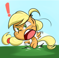 Size: 500x491 | Tagged: safe, artist:tivy, applejack, g4, angry, belly button, chibi, cute, female, running, solo