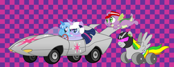 Size: 9310x3612 | Tagged: safe, artist:rumilax, spike, trixie, twilight sparkle, oc, oc:wheely bopper, original species, wheelpone, g4, absurd resolution, car, crossover, parody, speed racer