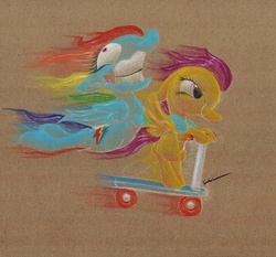 Size: 793x738 | Tagged: safe, artist:getchanoodlewet, rainbow dash, scootaloo, g4, scooter, traditional art