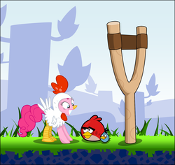 Size: 1694x1598 | Tagged: safe, artist:zacatron94, pinkie pie, bird, bluebird, cardinal, earth pony, pony, g4, angry birds, animal costume, chicken pie, chicken suit, clothes, costume, crossover, red bird, slingshot, the blues