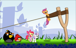 Size: 2504x1598 | Tagged: safe, artist:zacatron94, apple bloom, scootaloo, sweetie belle, bird, cardinal, earth pony, pegasus, pony, unicorn, g4, angry birds, bomb, bomb (angry birds), bomb bird, crossover, cutie mark crusaders, female, filly, foal, hilarious in hindsight, object bird, outdoors, red bird, scootaloo is not amused, slingshot, this will end in death, this will end in tears, this will end in tears and/or death, unamused, varying degrees of amusement, weapon, weapon bird, worried