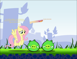 Size: 2061x1598 | Tagged: safe, artist:zacatron94, fluttershy, scootaloo, pegasus, pig, pony, g4, angry birds, crossover, female, filly, green pig, mare, minion pig, scootaloo can fly, scootaloo is not amused, unamused