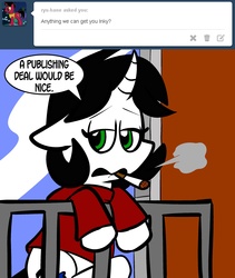 Size: 2400x2850 | Tagged: safe, artist:pembroke, oc, oc only, oc:ink blot, pony, unicorn, ask, cigarette, clothes, just ask ink blot, shirt, smoking, solo, tumblr