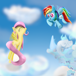 Size: 1500x1500 | Tagged: safe, artist:easteu, fluttershy, rainbow dash, g4, cloud, cloudy, duo, eyes closed, filly, flying, younger