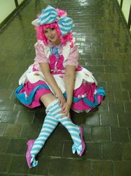 Size: 511x682 | Tagged: safe, artist:pockyprincessdarcy, pinkie pie, human, g4, clothes, cosplay, dress, gala dress, irl, irl human, photo, socks, solo, striped socks, youmacon