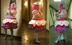Size: 1493x933 | Tagged: safe, artist:pockyprincessdarcy, pinkie pie, human, g4, another anime convention, clothes, cosplay, dress, gala dress, irl, irl human, photo, socks, solo, striped socks, youmacon