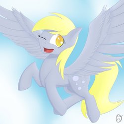 Size: 894x894 | Tagged: safe, artist:esugenos, derpy hooves, pegasus, pony, g4, female, flyer, flying, happy, mare, solo, spread wings