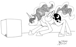Size: 6600x4086 | Tagged: safe, artist:bloodgoldwings, princess luna, g4, absurd resolution, box, curious, cute, eyes on the prize, female, frown, grayscale, monochrome, simple background, solo, traditional art, wide eyes