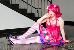 Size: 900x600 | Tagged: safe, artist:breefaith, artist:thebigtog, pinkie pie, human, g4, anime boston, anime boston 2012, brittany lauda, clothes, cosplay, irl, irl human, jewelry, necklace, pearl necklace, photo, solo, stockings, thigh highs