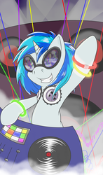 Size: 1271x2166 | Tagged: safe, artist:thepiplup, dj pon-3, vinyl scratch, pony, unicorn, g4, female, glowstick, headphones, rave, solo, turntable