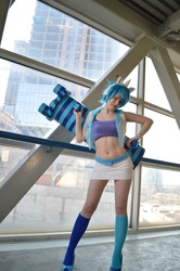 Size: 4000x6016 | Tagged: safe, artist:everage, dj pon-3, vinyl scratch, human, g4, bass cannon, belly button, clothes, cosplay, irl, irl human, midriff, photo, skirt, solo