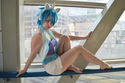 Size: 6016x4000 | Tagged: safe, artist:everage, dj pon-3, vinyl scratch, human, g4, barefoot, clothes, cosplay, feet, irl, irl human, photo, skirt, solo