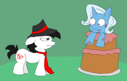 Size: 1060x684 | Tagged: safe, artist:ponyplasmawisp, trixie, oc, oc:egophiliac, g4, cake, egophiliac, egophiliac-ish, inconvenient trixie, ponysona, style emulation