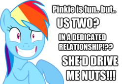 Size: 1500x1024 | Tagged: safe, pinkie pie, rainbow dash, double rainboom, g4, anti-shipping, eye twitch, female, headcanon, impact font, op is trying to start shit, solo, text