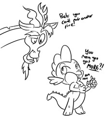 Size: 883x1006 | Tagged: safe, artist:shoutingisfun, applejack, discord, spike, g4, eating, element of honesty, monochrome, this will end in tears, this will end in weight gain, this will not end well