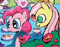 Size: 200x157 | Tagged: safe, artist:purgeslc, edit, fluttershy, pinkie pie, rainbow dash, rarity, g4, spoiler:comic, angry, animated, creepy, disturbing, drinking, female, fluffle puffing, lesbian, licking, ship:flutterpie, shipping, sipping, tea, tea party, tongue out, wat