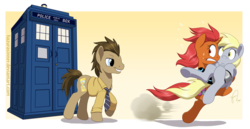 Size: 1752x905 | Tagged: safe, artist:hazurasinner, derpy hooves, doctor whooves, time turner, oc, pegasus, pony, g4, doctor who, female, mare, running, tardis