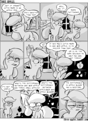 Size: 944x1294 | Tagged: safe, artist:capnpea, apple bloom, applejack, earth pony, pony, comic:three apples, g4, clubhouse, comic, crusaders clubhouse, duo, duo female, female, filly, mare, monochrome, night