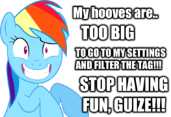 Size: 1500x1024 | Tagged: safe, rainbow dash, double rainboom, g4, anti-shipping, eye twitch, female, impact font, parody, shipping, solo, stop having fun guy, text