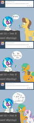 Size: 500x1800 | Tagged: safe, artist:kryptchild, caramel, dj pon-3, snails, sweetie belle, vinyl scratch, earth pony, pony, unicorn, ask glitter shell, ask transdjpon-3, g4, ask, autograph, cd, comic, cute, glitter shell, headphones, levitation, magic, pen, record scrape, table, telekinesis, trans vinyl, transgender, tumblr