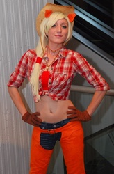 Size: 525x800 | Tagged: safe, applejack, human, g4, belly, belly button, cosplay, irl, irl human, photo, piercing, solo