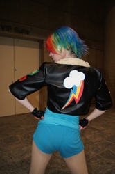 Size: 1184x1784 | Tagged: safe, artist:residentexorcist, rainbow dash, human, g4, bomber jacket, clothes, cosplay, irl, irl human, jacket, otakon, photo, solo