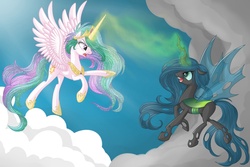 Size: 3000x2000 | Tagged: dead source, safe, artist:vird-gi, princess celestia, queen chrysalis, alicorn, changeling, changeling queen, pony, g4, cloud, female, fight, flying, magic