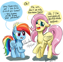 Size: 945x924 | Tagged: safe, artist:lucidlarceny, fluttershy, rainbow dash, pegasus, pony, g4, awkward, blank flank, blushing, dialogue, duo, female, filly, filly fluttershy, filly rainbow dash, floppy ears, lies, raised hoof, speech bubble, younger