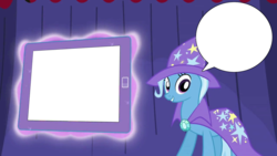 Size: 1280x720 | Tagged: safe, trixie, pony, unicorn, g4, chat bubble, female, mare, solo, speech bubble, tablet, template