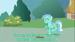 Size: 640x360 | Tagged: safe, artist:icanseeyourshed, bon bon, lyra heartstrings, sweetie drops, earth pony, pony, unicorn, g4, animated, caption, dancing, female, happy, irrational exuberance, lyra finds a blob on the floor, prancing, smiling