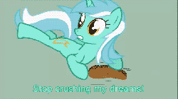 Size: 640x360 | Tagged: safe, artist:icanseeyourshed, lyra heartstrings, pony, unicorn, g4, animated, caption, eyes closed, female, footprint, frown, gritted teeth, looking back, lying down, lyra finds a blob on the floor, mare, prone, sad, solo, talking, text, wide eyes