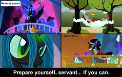 Size: 1282x805 | Tagged: safe, discord, king sombra, nightmare moon, queen chrysalis, changeling, changeling queen, comic:celestia's servant interview, g4, caption, interview, meta