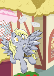 Size: 1447x2036 | Tagged: safe, artist:thepiplup, derpy hooves, pegasus, pony, g4, female, flying, letter, mare, saddle bag, solo