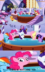 Size: 1919x3080 | Tagged: safe, edit, edited screencap, screencap, apple bloom, applejack, fluttershy, pinkie pie, rainbow dash, rarity, twilight sparkle, zecora, earth pony, pegasus, pony, unicorn, zebra, bridle gossip, g4, bath, bathing together, bathtub, bow, comic, eyes closed, female, filly, foal, fourth wall, hair bow, hooves, horn, laughing, mane six, mare, pinkie pie is watching you, ponyville spa, screencap comic, she knows, soon, spa