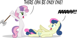 Size: 7000x3503 | Tagged: safe, artist:ambassad0r, bon bon, sweetie belle, sweetie drops, earth pony, pony, unicorn, g4, absurd resolution, abuse, axe, bipedal, bon abuse, duo, duo female, female, filly, highlander, imminent death, mare, simple background, there can be only one, this will end in tears and/or death, transparent background, weapon