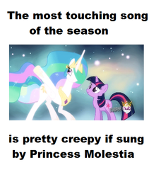 Size: 478x525 | Tagged: safe, edit, edited screencap, screencap, princess celestia, twilight sparkle, alicorn, pony, unicorn, princess molestia, g4, magical mystery cure, ascension realm, duo, ethereal mane, female, mare, princess celestia's special princess making dimension, song, text, unicorn twilight, void